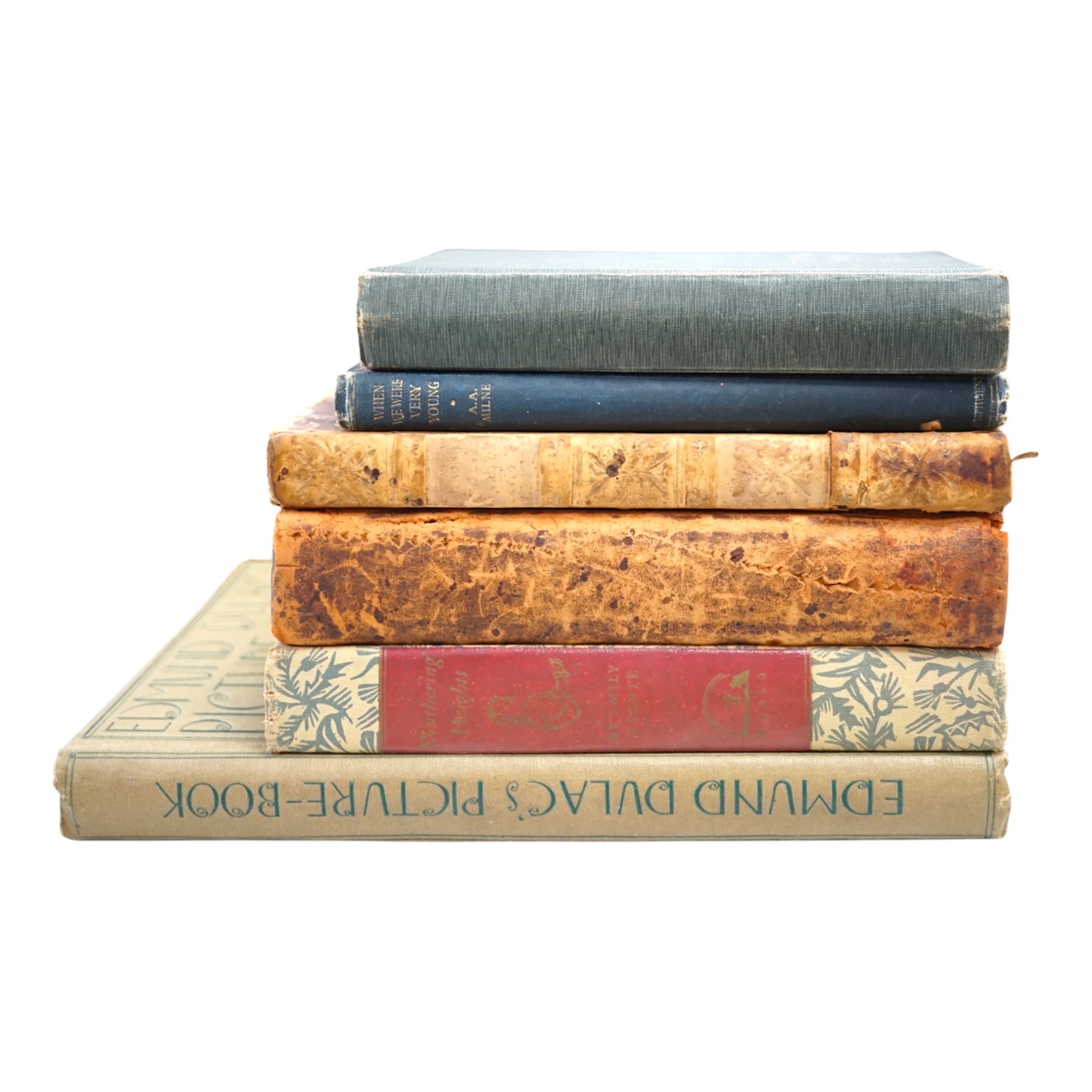 Five assorted books and a photograph album - A.A. Milne - When We Were Very Young, Sardanapalus, A Tragedy, The Two Foscari, A Tragedy and Cain, A Mystery by Lord Byron, Wuthering Heights by Emily Brontë, Childe Harold’s